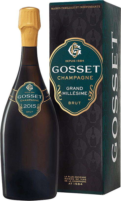 Het label heeft een klassiek ontwerp met de naam 'Gosset' prominent in grote letters. Bovenaan is het jaartal 1584 vermeld, wat verwijst naar de oprichting van het wijnhuis. Het centrale deel van het label toont een gestileerd familiewapen of embleem. De kleuren zijn overwegend donkerblauw en goud.