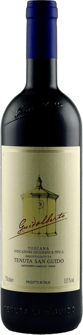 Het label toont een tekening van een toren of gebouw in een minimalistische stijl. Het ontwerp is eenvoudig en elegant, met de naam 'Guidalberto' prominent weergegeven in cursieve letters.