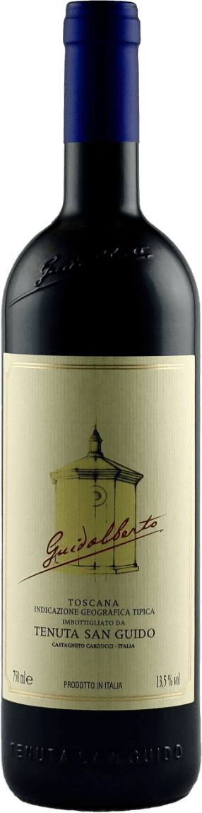 Het label toont een schets van een architectonisch element, mogelijk een toren of gebouw, met daaronder de naam 'Guidalberto' in een sierlijk lettertype. Er is ook tekst met informatie over de wijn en de producent.