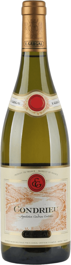 Het label toont een gedetailleerde afbeelding van een landschap met heuvels en een rivier. Het heeft ook een rood zegel met de initialen 'E.G' erop, en de naam 'Condrieu' prominent in het midden.