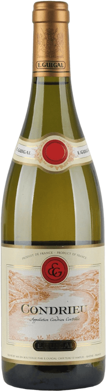 Het label toont een landschap met wijngaarden, omlijst door decoratieve elementen. Bovenaan is een rode cirkel met de initialen 'E.G.' te zien.