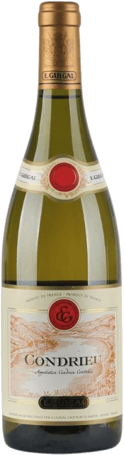 Het label toont een klassieke uitstraling met een crèmekleurige achtergrond, een gedetailleerde tekening van een wijngaard of landschap in lichte sepia/bruintinten, een rood zegel met de initialen 'E.G.' prominent bovenaan, en goudkleurige accenten. De naam 'Condrieu' staat centraal in grote, duidelijke letters. Bovenaan de hals zit een extra label met het rode zegel en gouden rand.