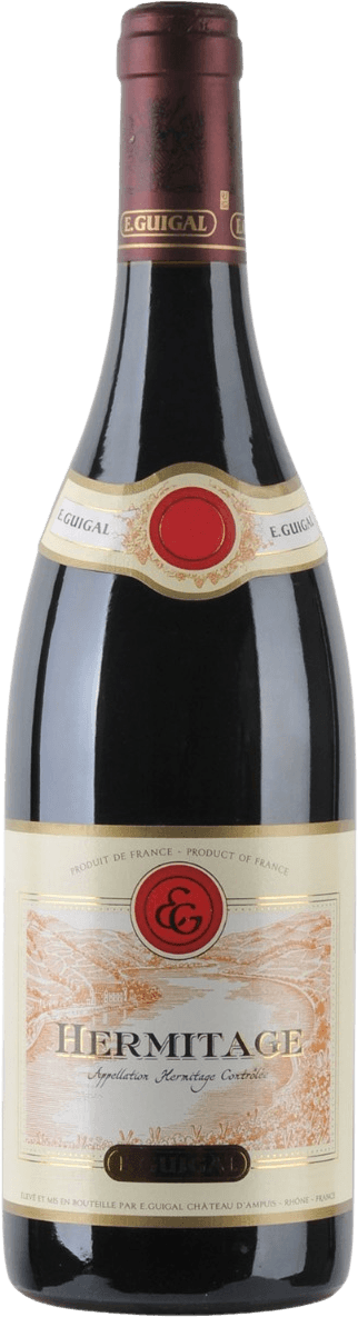 Het label toont een landschap met een wijngaard en een kasteel. Bovenaan staat een rood embleem met de initialen 'E.G.'.