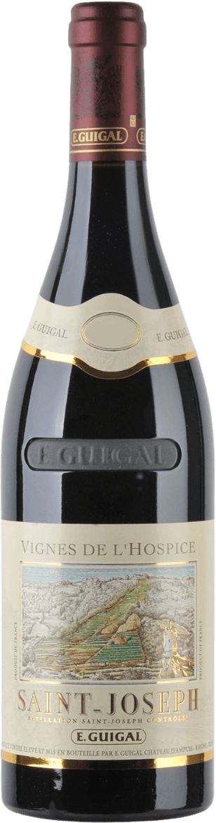 Het label toont een gedetailleerde tekening van een landschap met wijngaarden op een heuvel. Onderaan het label staat de naam 'Saint-Joseph' in grote, goudkleurige letters. Er is ook tekst die de herkomst en producent aangeeft.