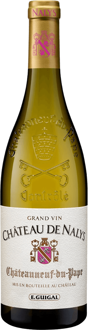 Het label toont een traditioneel ontwerp met een familiewapen in het midden. Bovenaan staat de tekst 'Grand Vin' en daaronder 'Château de Nalys'. Het familiewapen is gedetailleerd weergegeven met verschillende symbolen.