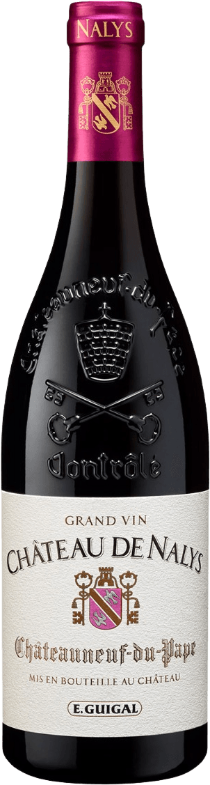Het label toont een traditioneel ontwerp met een familiewapen in het midden. De tekst 'Château de Nalys' en 'Châteauneuf-du-Pape' zijn duidelijk zichtbaar. Het wapen bevat symbolen zoals een schild en kroon, wat duidt op een rijke geschiedenis.
