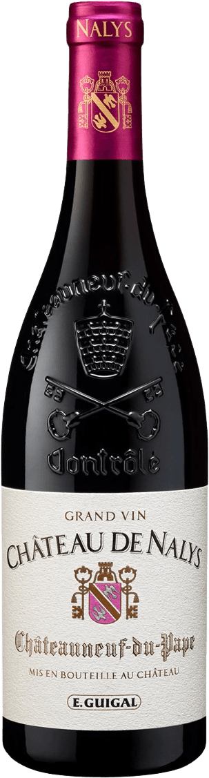 Het label toont een traditioneel familiewapen met een schild in het midden, versierd met goud, rood en paars. Boven het schild staan twee gekroonde figuren en eromheen sierlijke ornamenten. De naam 'CHÂTEAU DE NALYS' staat prominent bovenaan in grote hoofdletters, daaronder de aanduiding 'Châteauneuf-du-Pape'. Het geheel heeft een klassieke uitstraling.