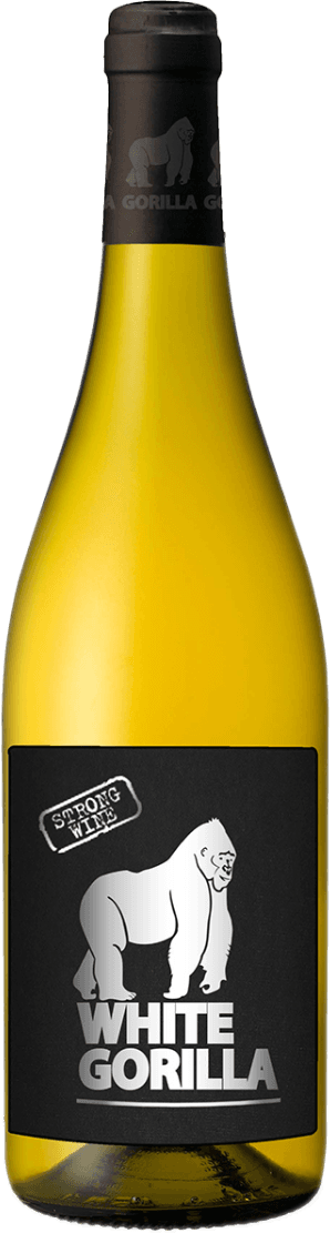 Een zwart label met een witte gorilla in het midden en de tekst 'WHITE GORILLA' in grote letters. Boven de gorilla staat 'STRONG WINE' in een stempelachtige vorm.