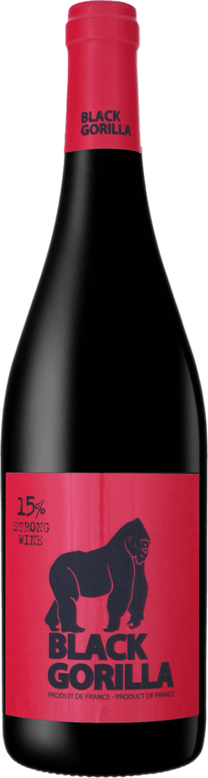 Het label toont een zwarte silhouet van een gorilla tegen een rode achtergrond. De naam 'Black Gorilla' staat in grote, zwarte letters onder de afbeelding. Er is ook tekst die het alcoholpercentage aangeeft.
