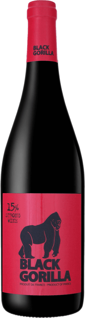 Het label toont een zwarte gorilla op een rode achtergrond met grote zwarte letters 'BLACK GORILLA'. Er staat ook '15% STRONG WINE' in kleinere letters.