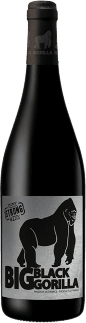 Het label toont een grote, zwarte gorilla in een minimalistische en krachtige stijl. De achtergrond is zilver/grijs met zwart als dominante kleur voor de afbeelding van de gorilla en de tekst 'BIG BLACK GORILLA' in grote, opvallende letters. Bovenaan staat ook nog het stempel 'VERY STRONG WINE'. Het geheel oogt modern, stoer en niet traditioneel.