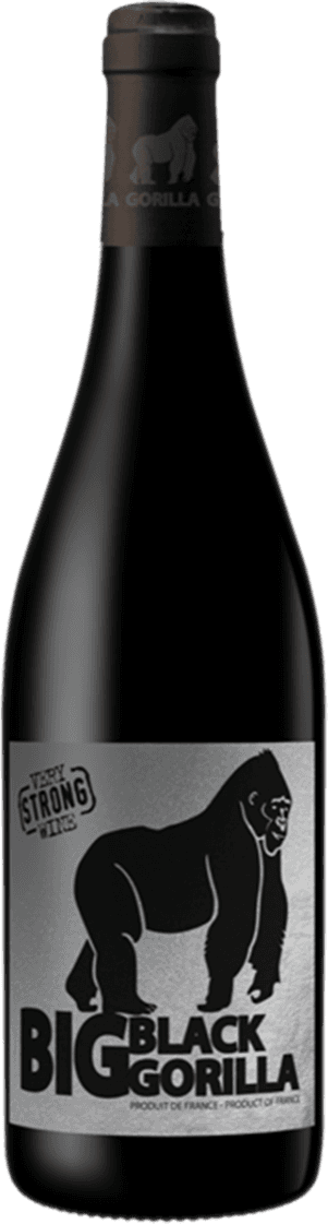 Het label toont een grote, gestileerde zwarte gorilla in profiel, prominent afgebeeld op een zilvergrijze achtergrond. Linksboven staat een zegelvorm met daarin de tekst 'VERY STRONG WINE'. De naam 'BIG BLACK GORILLA' is in grote, vetgedrukte zwarte letters onder de gorilla geplaatst. Het geheel oogt modern, krachtig en opvallend, met een duidelijke focus op de afbeelding van de gorilla.