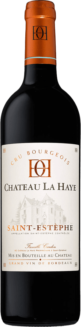 Het label toont een afbeelding van een kasteel in een klassieke stijl. Boven het kasteel staat de naam 'Chateau La Haye' in grote letters en daarboven de tekst 'Cru Bourgeois'. Onderaan het label staat 'Saint-Estèphe' in opvallende oranje letters. De achtergrond is wit met subtiele grijze tinten.