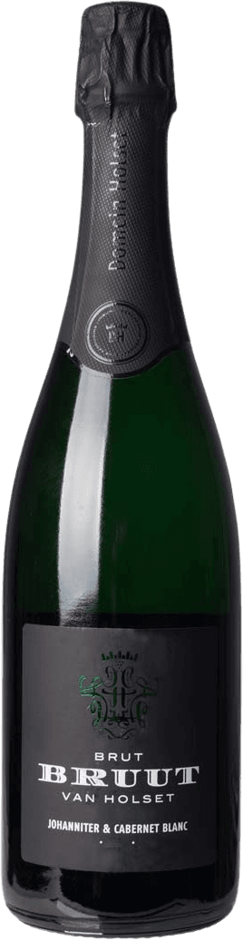 Het label is zwart met witte tekst. Bovenaan staat een sierlijk, groen embleem dat lijkt op een familiewapen of logo. Daaronder staat in grote, duidelijke letters 'BRUT BRUUT VAN HOLSET'. Onderaan staan de druivensoorten 'Johanniter & Cabernet Blanc' vermeld.