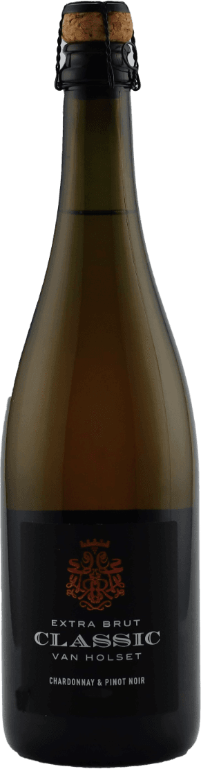 Het label is zwart met een oranje embleem bovenaan. Onder het embleem staat in witte letters 'EXTRA BRUT CLASSIC VAN HOLSET'. Onderaan staan de druivensoorten 'CHARDONNAY & PINOT NOIR' vermeld.
