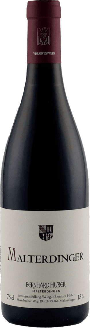 Het label is minimalistisch met de naam 'Malterdinger' prominent in grote letters. Boven de naam staat een familiewapen of logo van het wijnhuis. Onderaan staan details zoals de producent en locatie.
