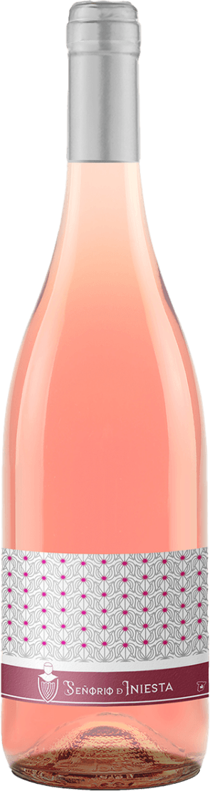 Het label heeft een patroon van herhalende geometrische vormen in wit en roze, met onderaan de naam 'Señorio de Iniesta' in witte letters op een donkerrode achtergrond. Het ontwerp is modern en minimalistisch.