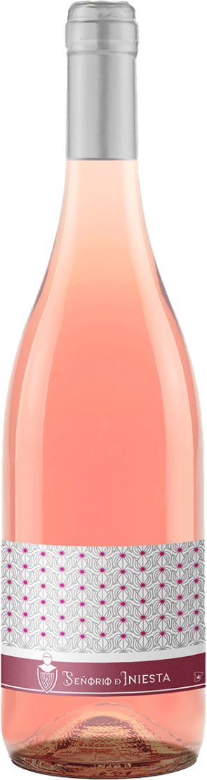 Het label heeft een patroon van herhalende abstracte vormen in wit en roze. Onderaan is er een donkerrode band met de tekst 'Señorio de Iniesta' en een klein wapenschild.