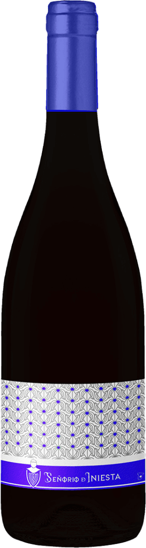 Het label heeft een geometrisch patroon met herhalende vormen in blauw en wit. Onderaan het label staat de naam 'Señorio de Iniesta' in witte letters op een blauwe achtergrond, vergezeld van een klein wapenschildje.