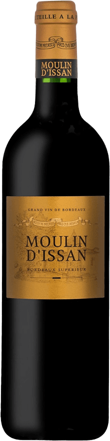 Het label van de wijnfles heeft een klassieke uitstraling met een gouden achtergrond. Er staat in grote letters 'Moulin D'Issan' op, en daarboven 'Grand Vin de Bordeaux'. Het ontwerp bevat ook subtiele, gedetailleerde illustraties die mogelijk een kasteel of wijnhuis voorstellen.