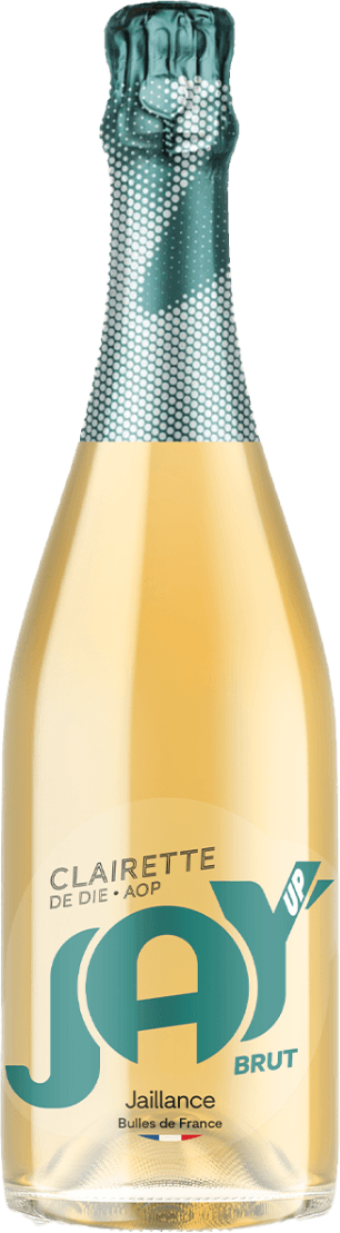 Het label toont de tekst "JAY up BRUT" in grote letters, met daarboven "CLAIRETTE DE DIE AOP". Onder de grote letters staat "Jaillance Bulles de France". Het design is modern met een speelse typografie.