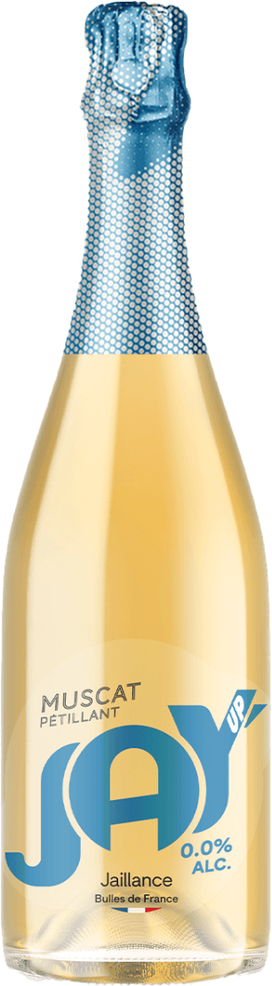Het label toont de naam 'Jay' in grote blauwe letters met daaronder '0.0% ALC.'. Er staat ook 'Muscat Pétillant' en 'Jaillance Bulles de France'. Het ontwerp is modern en minimalistisch.