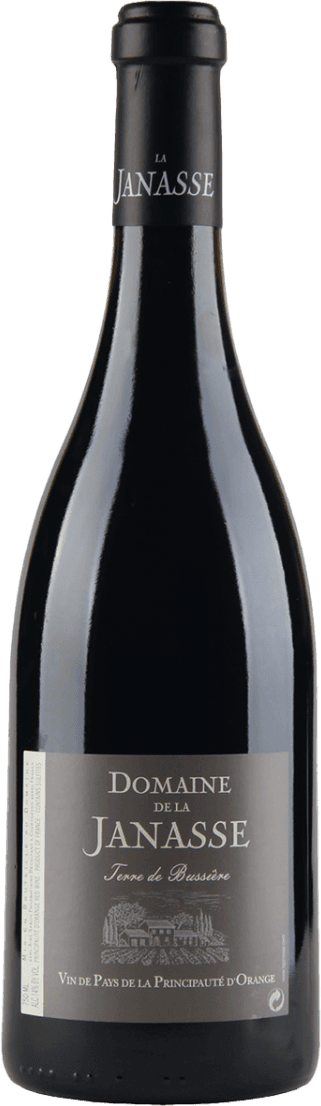 Het label toont de naam 'Domaine de la Janasse' in grote letters. Onder de naam is een afbeelding van een landhuis met wijnvelden te zien. Het geheel heeft een klassieke en traditionele uitstraling.
