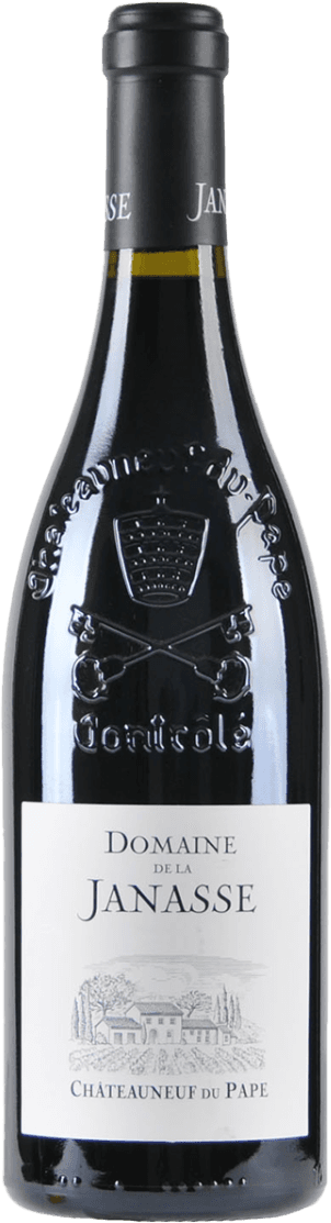 Het label toont een tekening van een landhuis of wijnhuis met bomen eromheen. Bovenaan staat de tekst 'Domaine de la Janasse' en onderaan 'Châteauneuf-du-Pape'.