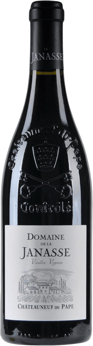Het label toont een gedetailleerde tekening van een landhuis of kasteel met bomen eromheen. Bovenaan staat de naam "Domaine de la Janasse" in grote letters, en daaronder "Vieilles Vignes" in kleinere rode letters. Onderaan staat "Châteauneuf du Pape".