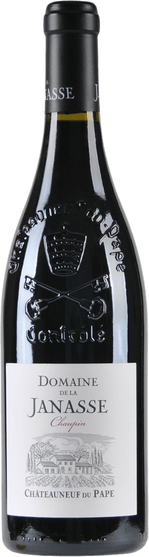 Het label toont een tekening van een traditioneel wijnhuis met wijngaarden op de achtergrond. De naam 'Domaine de la Janasse' staat prominent bovenaan, gevolgd door 'Chaupin' in een sierlijk lettertype. Onderaan staat 'Châteauneuf du Pape'. Het geheel heeft een klassieke uitstraling.