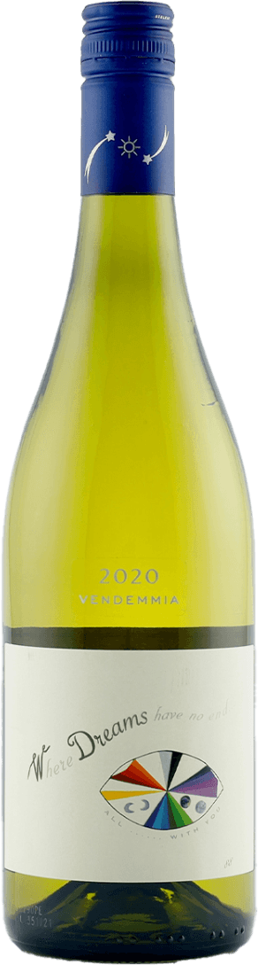 Het label toont een minimalistisch ontwerp met de tekst 'Where Dreams have no end' en een kleurrijke cirkelvormige afbeelding die lijkt op een kleurenwiel of een prisma.