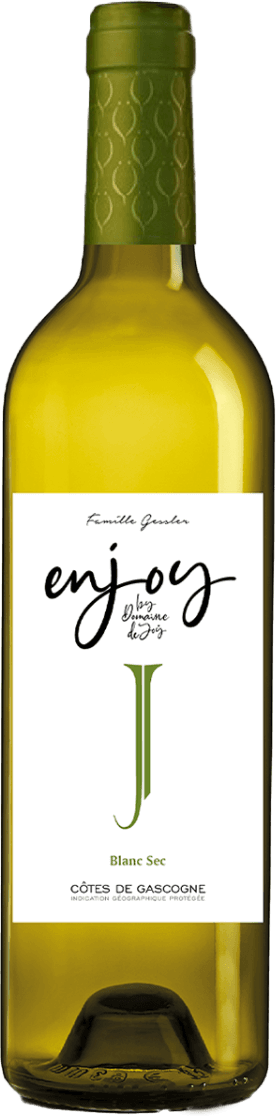 Het label is wit met een minimalistisch ontwerp. Er staat in sierlijke zwarte letters het woord 'enjoy', met daaronder in kleinere letters 'by Domaine de Joÿ'. Onder deze tekst staat een grote groene letter 'J'. Onderaan het label staan in kleine zwarte letters de woorden 'Blanc Sec' en daaronder 'Côtes de Gascogne Indication Géographique Protégée'.