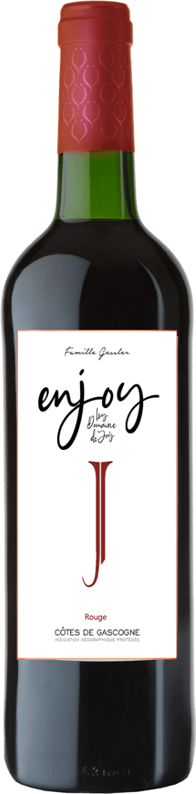 Het label heeft een minimalistisch ontwerp met de naam 'enjoy' in sierlijke letters. Daaronder staat 'by Domaine de Joÿ' in kleinere letters. Er is ook een grote, gestileerde letter 'J' prominent aanwezig op het label.