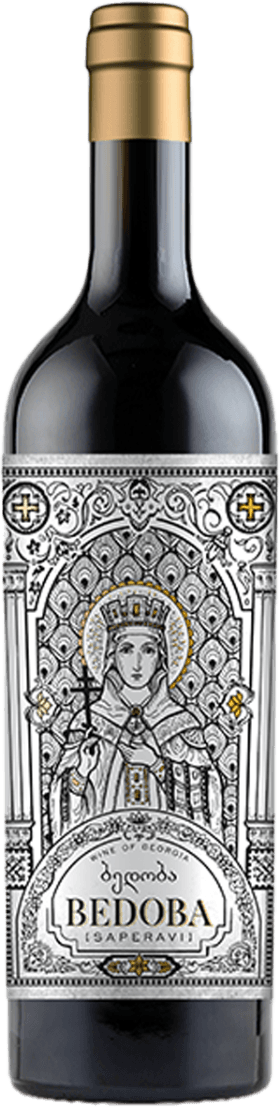 Het label toont een afbeelding van een persoon in traditionele kleding met een kroon en een kruis. Het ontwerp is gedetailleerd en bevat ornamenten en geometrische patronen. De naam 'Bedoba' staat prominent onderaan het label.