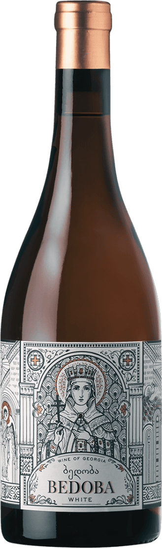 Het label toont een gedetailleerde, zwart-witte illustratie in een klassieke, bijna Byzantijnse stijl. Centraal staat een vrouwelijk figuur met een kroon in een omlijsting van pilaren, sierlijke patronen en kruismotieven. Het geheel heeft een religieus of historisch karakter. Naast het centrale figuur zijn er nog andere figuren en architectonische elementen zichtbaar. De naam 'BEDOBA WHITE' staat duidelijk onderaan het label.