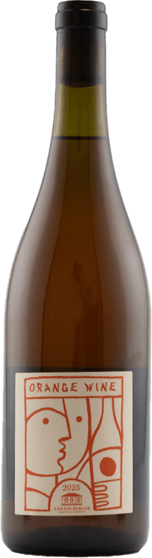 Het label toont een abstracte tekening van een gezicht en een fles in lijnen, met de tekst 'Orange Wine' erboven. Onderaan staat '2025' en een klein logo van de producent.