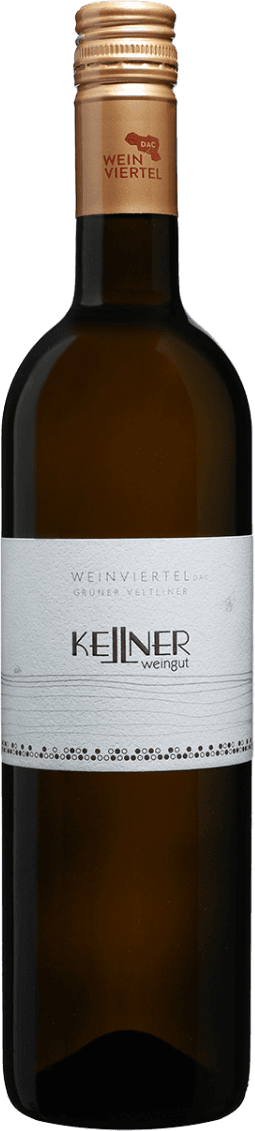 Het label is wit met een minimalistisch ontwerp. De naam 'Kellner' en 'Weingut' staan centraal in grote letters. Er zijn geen afbeeldingen of illustraties, alleen tekst. Bovenaan het label staat 'Weinviertel DAC Grüner Veltliner'.