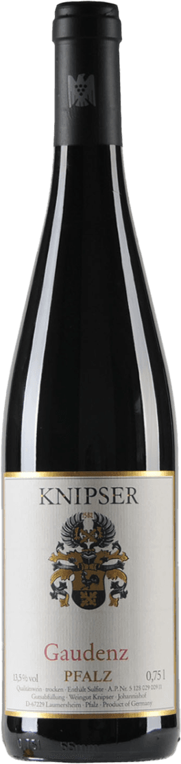 Het wijnlabel toont een familiewapen met gedetailleerde ornamenten en symbolen. Boven het wapen staat de naam 'KNIPSER' in grote letters, terwijl onder het wapen de naam 'Gaudenz' en daaronder 'PFALZ' zijn vermeld. Het ontwerp is klassiek en elegant, met een focus op het centrale familiewapen.