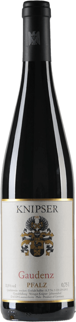 Het label toont een familiewapen in het midden met daarboven de naam 'KNIPSER'. Onderaan staat de naam 'Gaudenz' in rode letters en 'PFALZ' in goudkleurige letters.