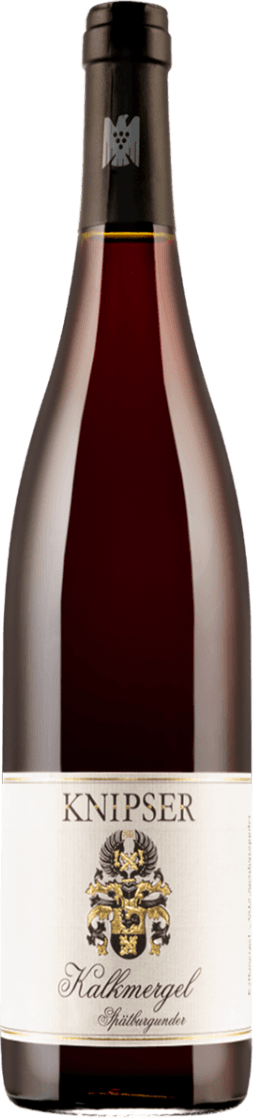 Het label toont een familiewapen in het midden met daarboven de naam 'KNIPSER'. Onder het wapen staat de tekst 'Kalkmergel Spätburgunder'. Het ontwerp is klassiek en ingetogen.