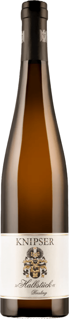 Het label toont een familiewapen met goud- en zwarttinten, met daarboven de naam 'KNIPSER' en daaronder 'Halbstück Riesling'.