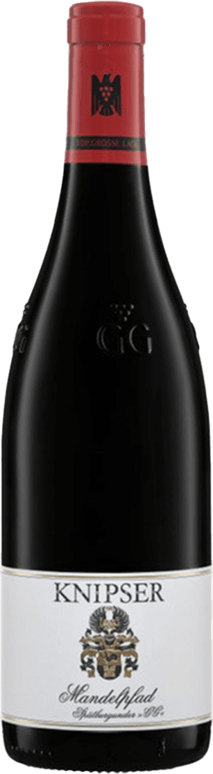 Het label heeft de naam 'KNIPSER' bovenaan en een familiewapen in het midden. Onder het wapen staat 'Mandelpfad'. Het design is traditioneel met een focus op tekst en symbool.