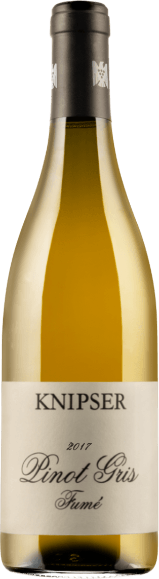 Het label is minimalistisch en klassiek vormgegeven met de naam 'KNIPSER' in grote, duidelijke letters bovenaan. Daaronder staat het jaartal '2017' en de woorden 'Pinot Gris Fumé' in een elegante, cursieve lettertype. Het geheel heeft een eenvoudige maar stijlvolle uitstraling.