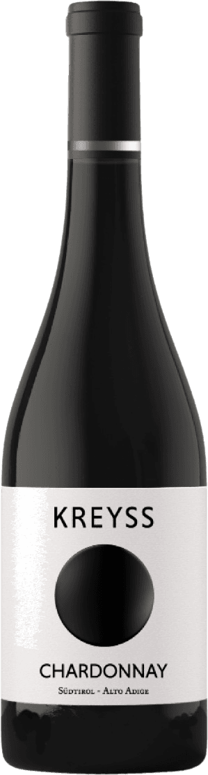 Het etiket is minimalistisch met een grote zwarte cirkel in het midden en de naam 'Kreyss' erboven. Onder de cirkel staat 'Chardonnay' en daaronder 'Südtirol - Alto Adige'. Het geheel is strak en eenvoudig vormgegeven.