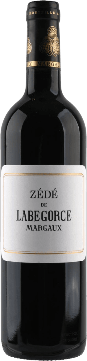 Het label is minimalistisch en traditioneel, met grote zwarte letters die de naam 'Zédé de Labégorce Margaux' weergeven op een witte achtergrond. Er is een dunne gouden rand om het label heen.