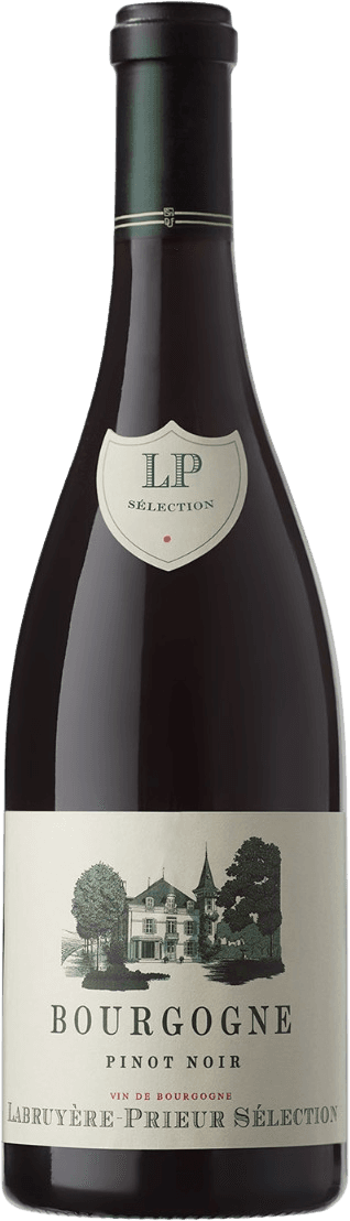 Het label toont een afbeelding van een kasteel omgeven door bomen, met daaronder de tekst 'BOURGOGNE PINOT NOIR'. Bovenaan het label staat 'LABRUYÈRE-PRIEUR SÉLECTION'. Er is ook een klein schild met 'LP SÉLECTION' erop.