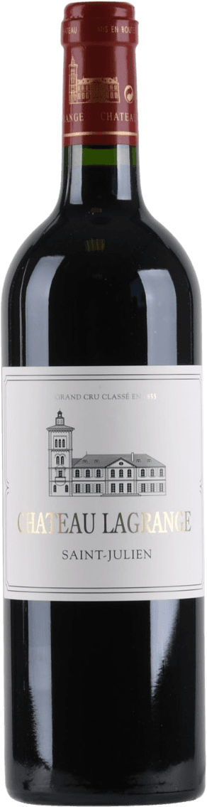 Het label toont een gedetailleerde tekening van een kasteel in zwart-wit. De naam 'CHATEAU LAGRANGE' is prominent weergegeven in goudkleurige letters, met daaronder 'SAINT-JULIEN'. Boven de afbeelding staat 'GRAND CRU CLASSE EN 1855'.