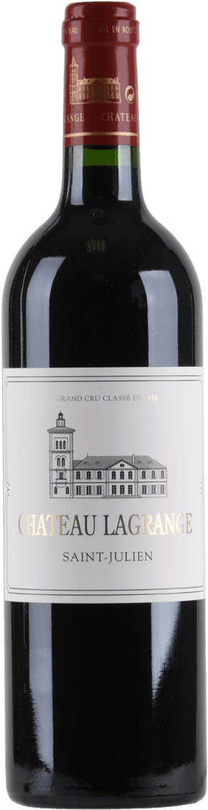 Het label toont een afbeelding van een kasteel met daaronder de tekst 'Château Lagrange' en 'Saint-Julien'. Het heeft een klassieke en elegante uitstraling.