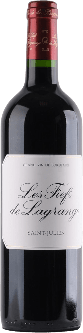 Het label is wit en rechthoekig met afgeschuinde hoeken. In het midden staat in grote, sierlijke, zwarte letters 'Les Fiefs de Lagrange' geschreven. Bovenaan het label staat in kleinere hoofdletters 'GRAND VIN DE BORDEAUX' en onderaan 'SAINT-JULIEN' in een bordeauxrode kleur. Het ontwerp is klassiek en minimalistisch, zonder afbeeldingen of illustraties.