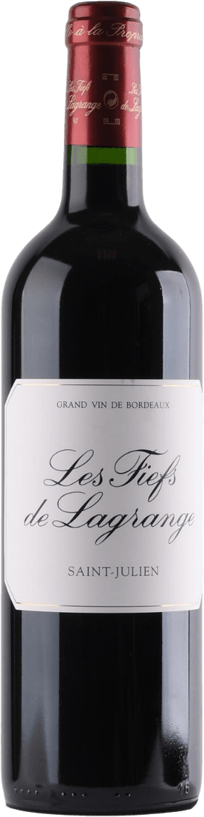 Het label is wit met sierlijke zwarte letters die de naam 'Les Fiefs de Lagrange' weergeven. Bovenaan staat 'Grand Vin de Bordeaux' en onderaan 'Saint-Julien'.
